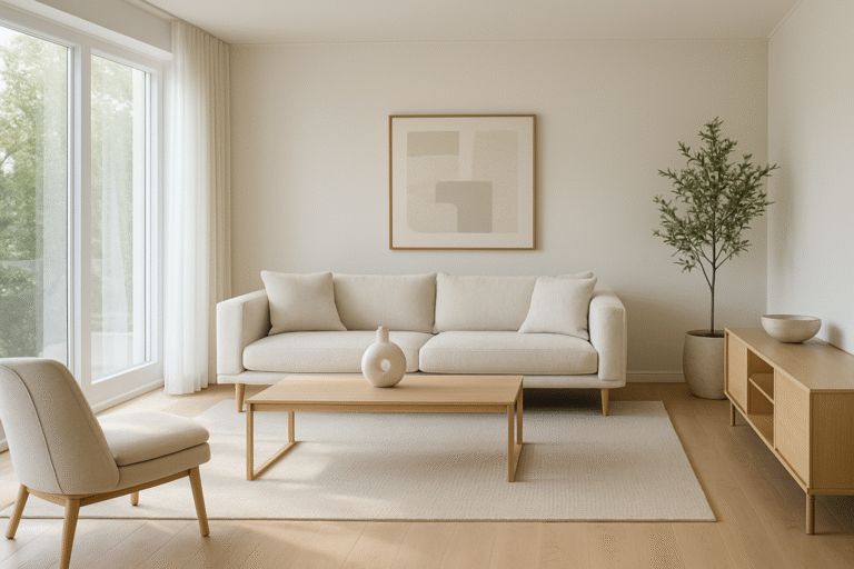 Przestronny jasny salon ze schludnie ułożonymi meblami i minimalistycznymi dekoracjami przygotowany do home stagingu