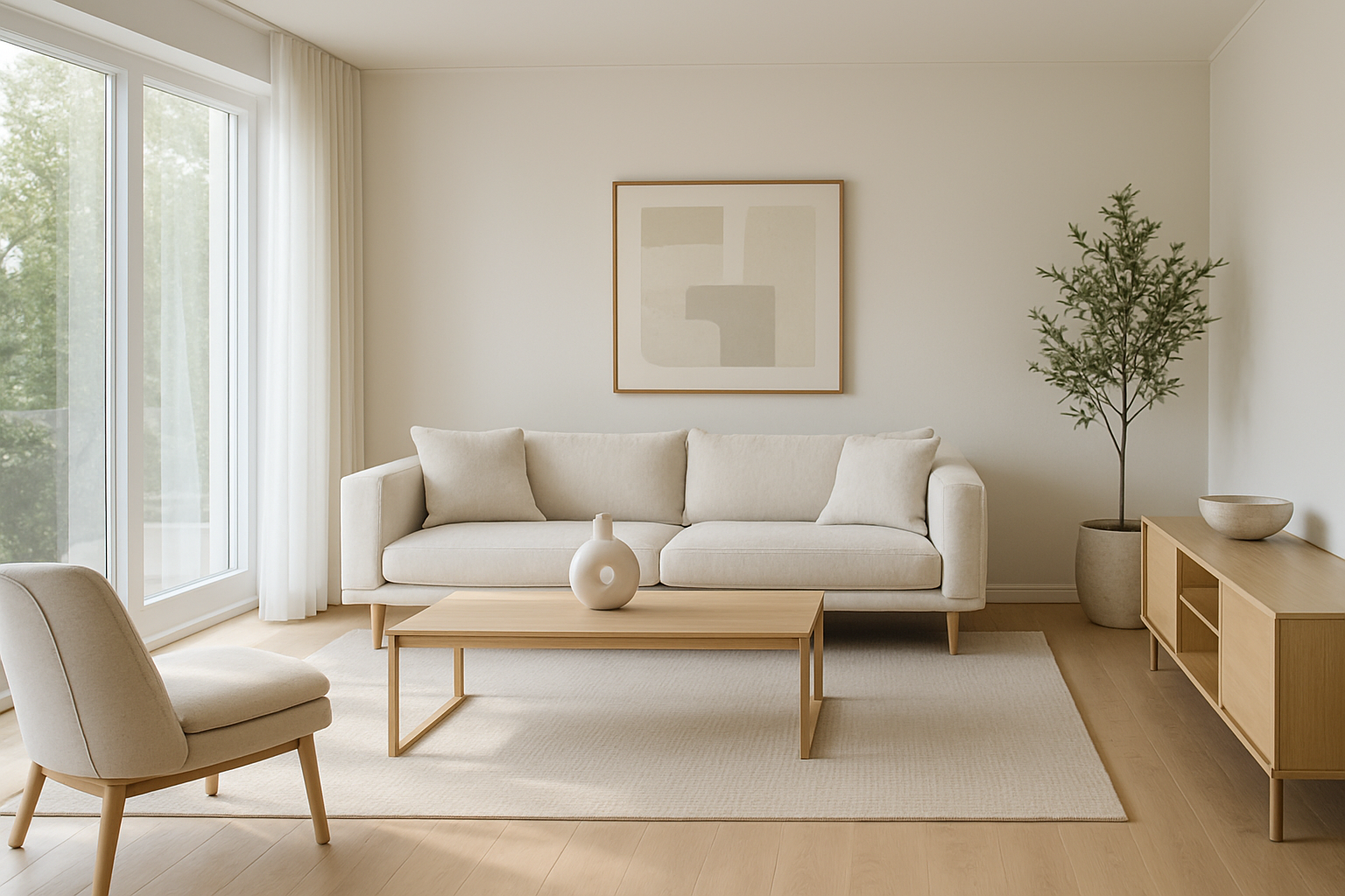 Przestronny jasny salon ze schludnie ułożonymi meblami i minimalistycznymi dekoracjami przygotowany do home stagingu