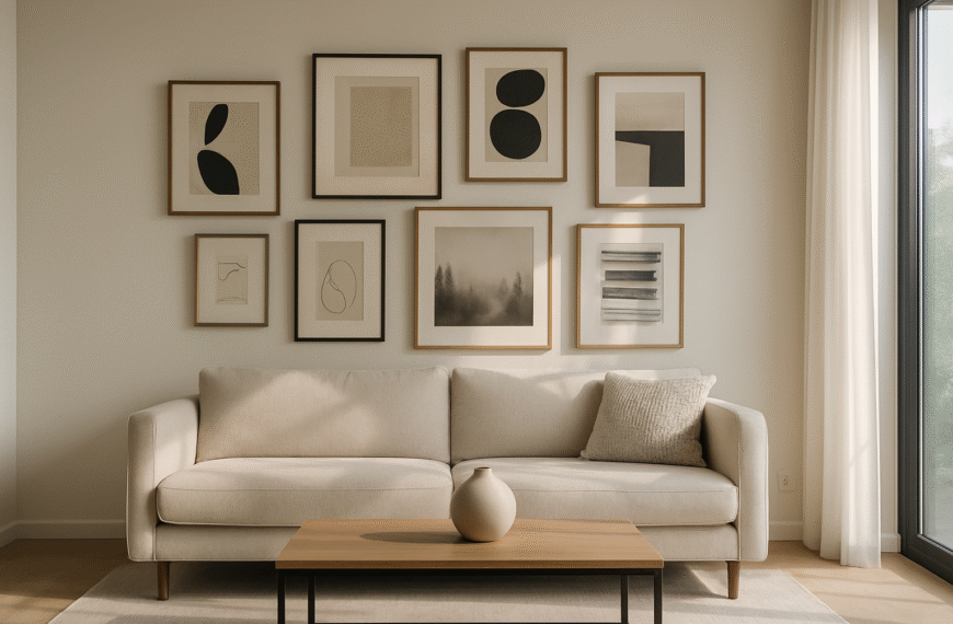 Salon z galerią ścienną w stylu home staging – zróżnicowane ramki na jasnej ścianie i minimalistyczne dekoracje