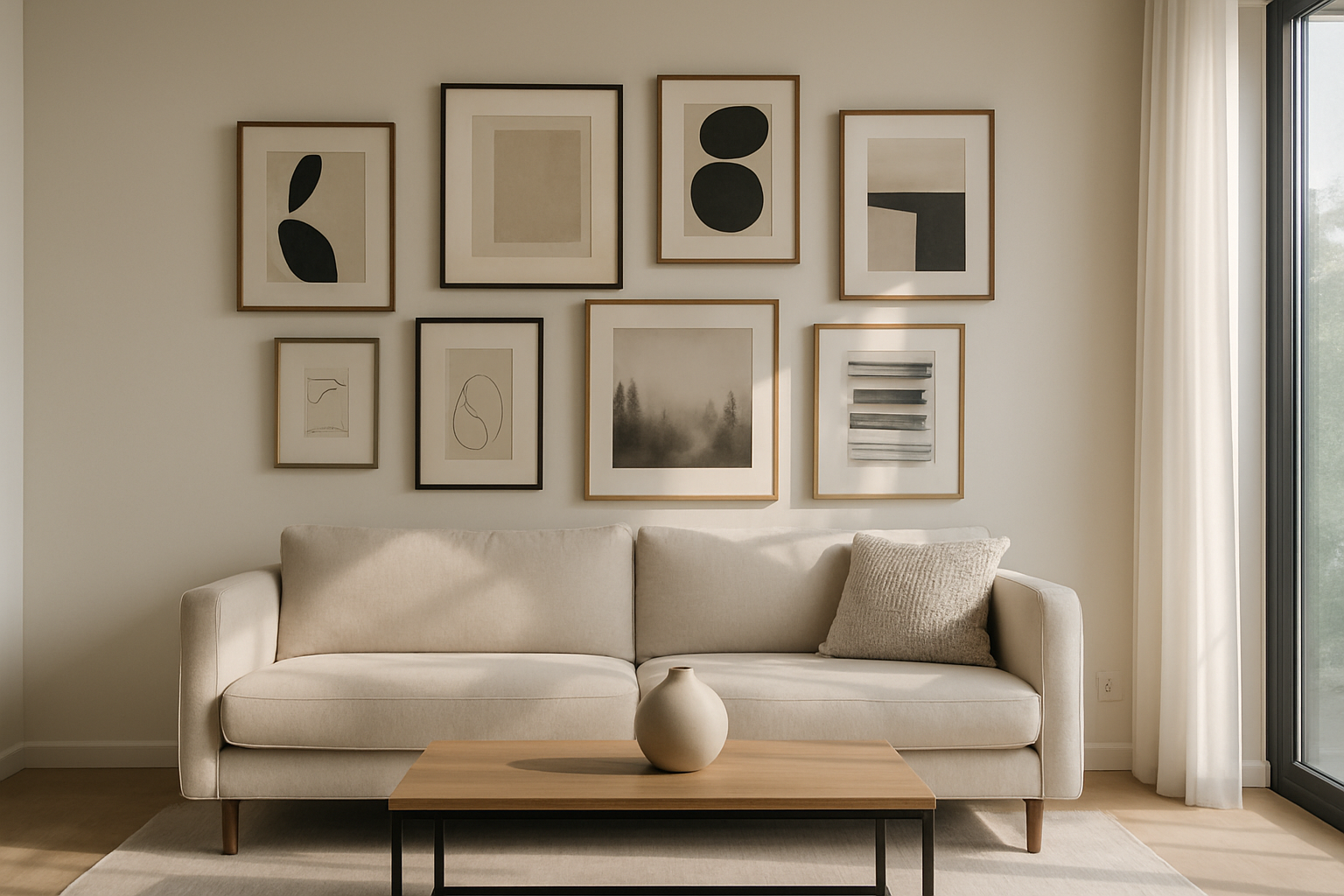 Salon z galerią ścienną w stylu home staging – zróżnicowane ramki na jasnej ścianie i minimalistyczne dekoracje