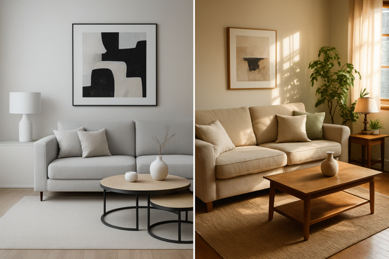 Dwa zdjęcia pokoju – po lewej wirtualny home staging, po prawej tradycyjny home staging