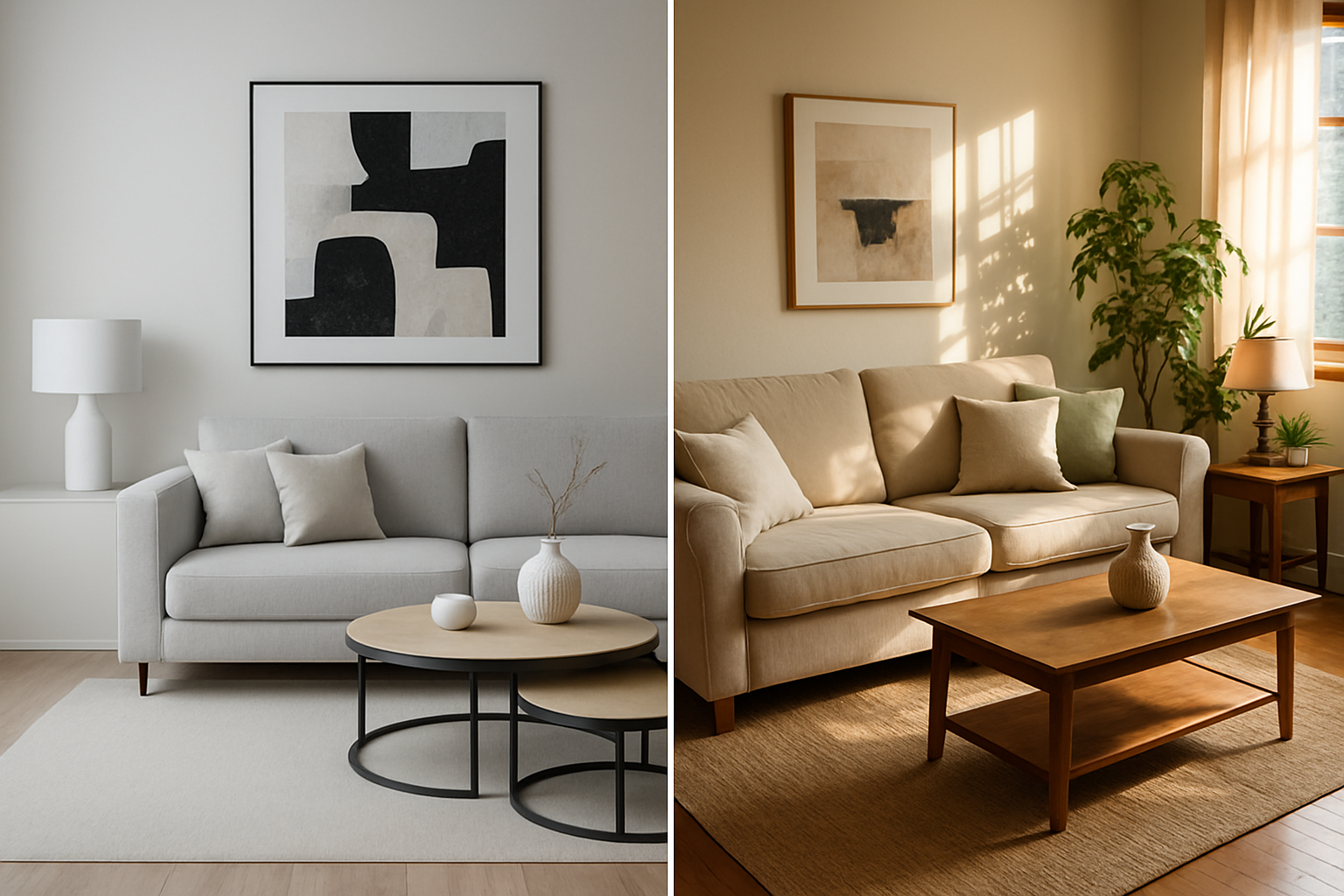 Dwa zdjęcia pokoju – po lewej wirtualny home staging, po prawej tradycyjny home staging