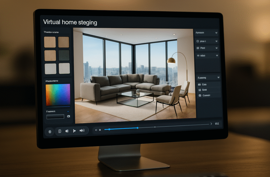 Interfejs programu do wirtualnego home stagingu pokazujący aranżację mebli 3D w nowoczesnym wnętrzu