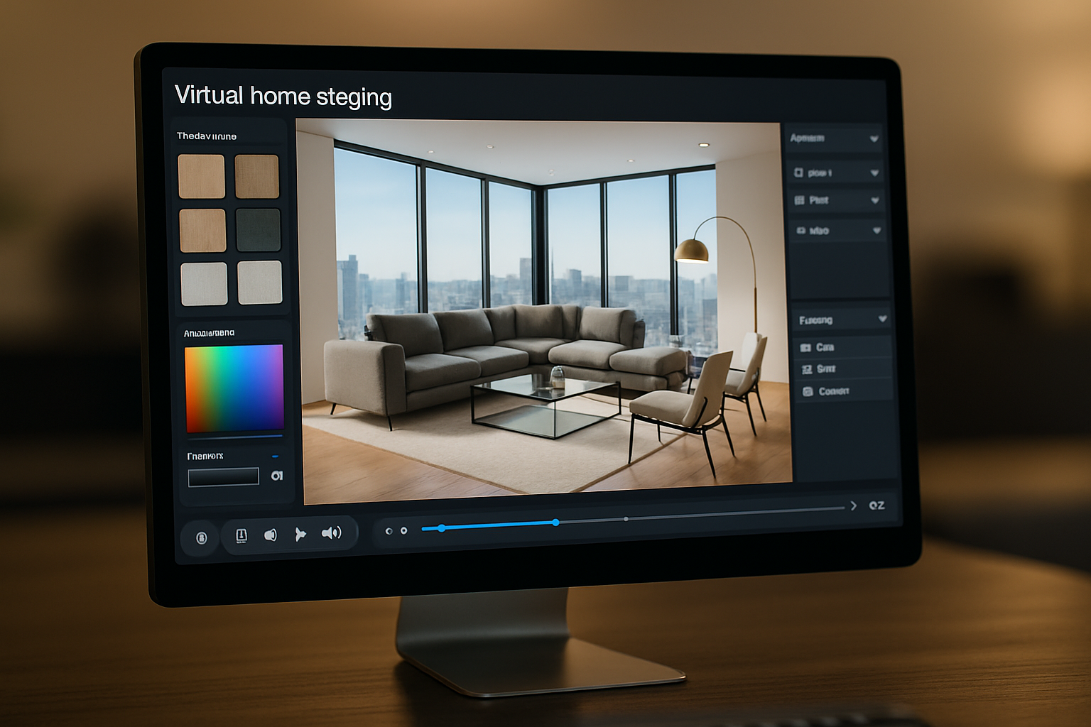 Interfejs programu do wirtualnego home stagingu pokazujący aranżację mebli 3D w nowoczesnym wnętrzu