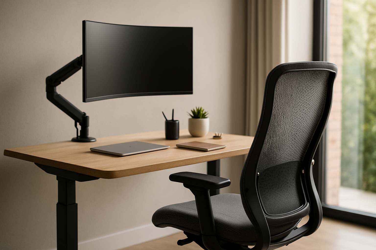Biuro z ergonomicznym biurkiem na zmianę pozycji, krzesłem z podparciem lędźwiowym, regulowanym monitorem i uporządkowaną przestrzenią pracy
