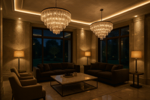 Przestronny salon luksusowej rezydencji z designerskimi lampami tworzącymi atmosferę elegancji i ciepła