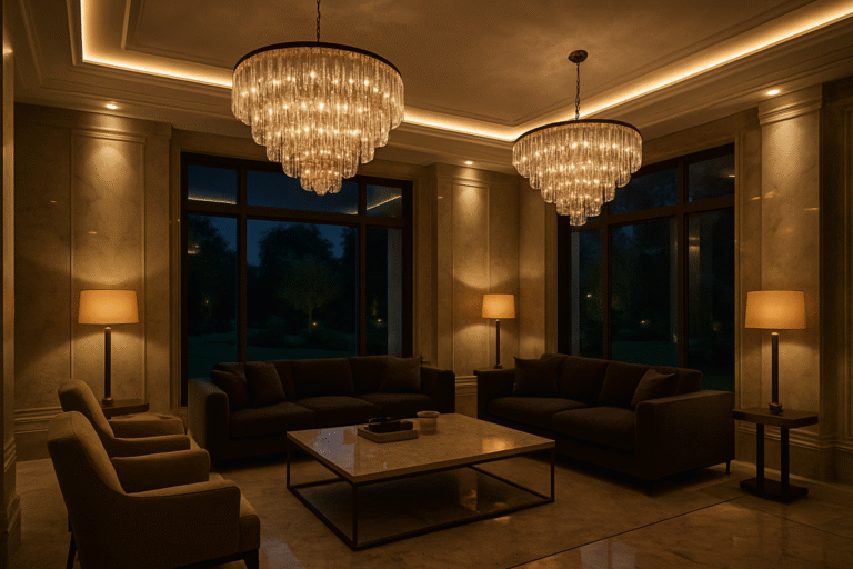 Przestronny salon luksusowej rezydencji z designerskimi lampami tworzącymi atmosferę elegancji i ciepła