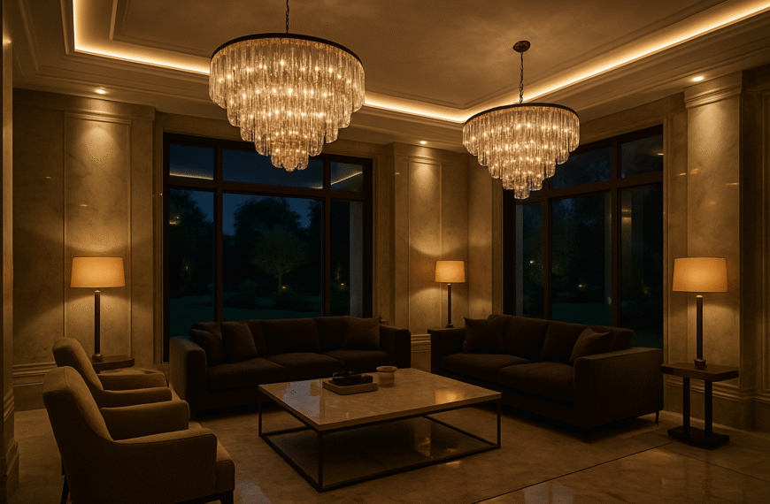 Przestronny salon luksusowej rezydencji z designerskimi lampami tworzącymi atmosferę elegancji i ciepła