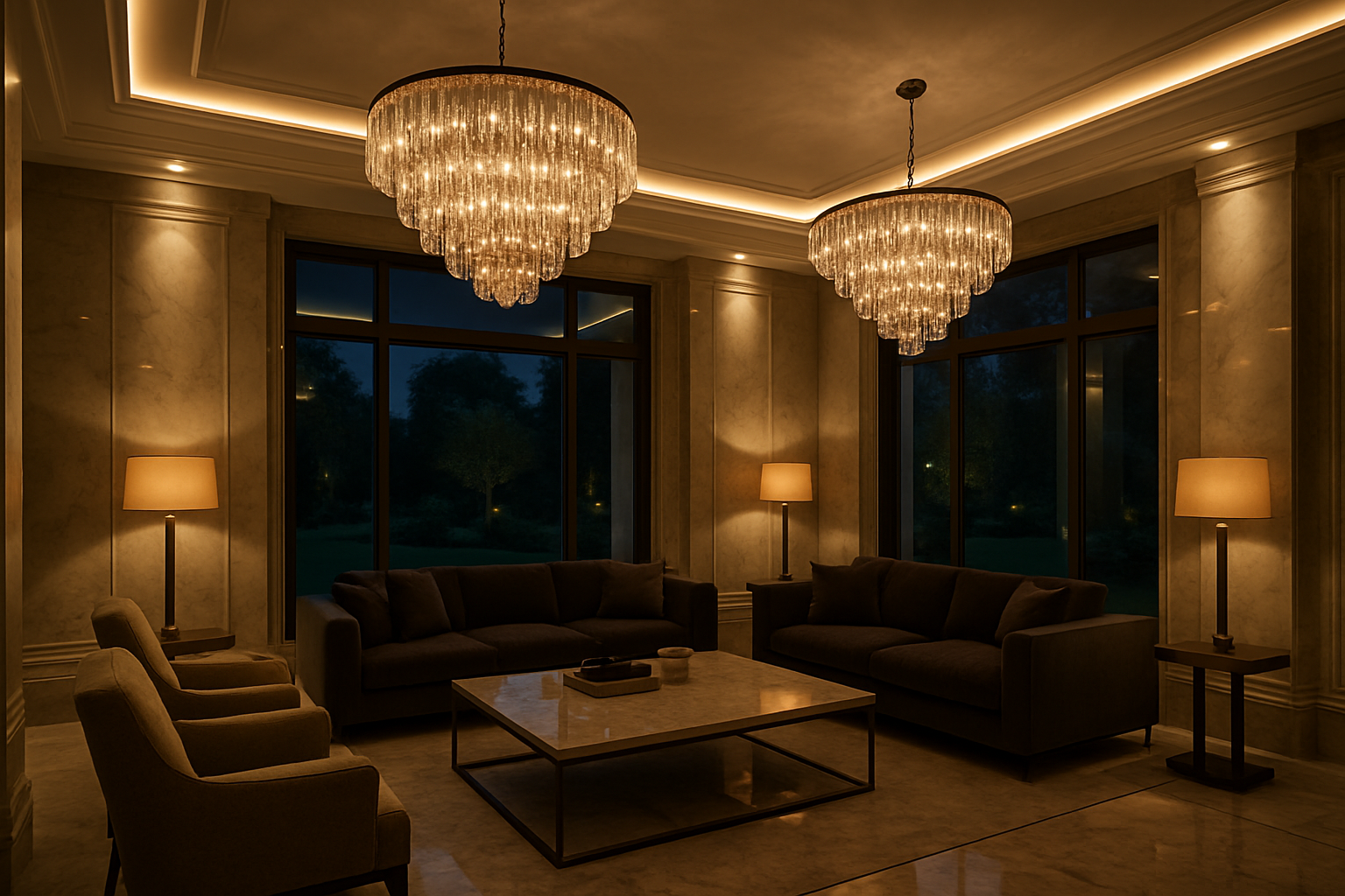 Przestronny salon luksusowej rezydencji z designerskimi lampami tworzącymi atmosferę elegancji i ciepła