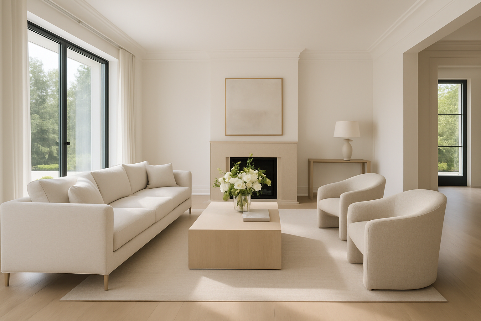 Przestronny salon rezydencji z elegancką aranżacją wnętrza, subtelnymi dodatkami i neutralną kolorystyką gotowy do prezentacji przed sprzedażą